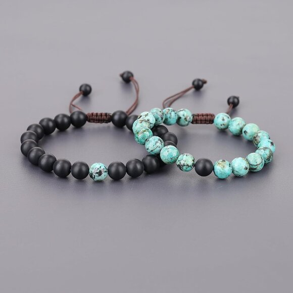 Matching Couples Bracelets African Turquoise Onyx Stone Adjustable Nylons - Picture 4 of 7